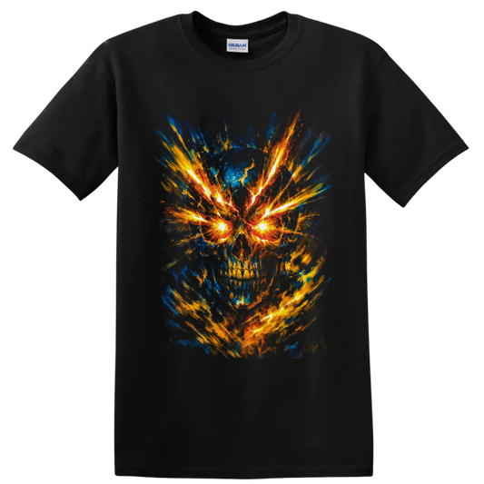 Abstract fiery skull with glowing electric eyes and explosive blue and gold brushstrokes on a Black T Shirt