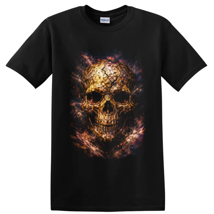 Golden skull with swirling blue, purple, and red galaxy-style splatter art on a Black T Shirt