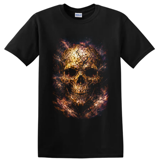 Golden skull with swirling blue, purple, and red galaxy-style splatter art on a Black T Shirt