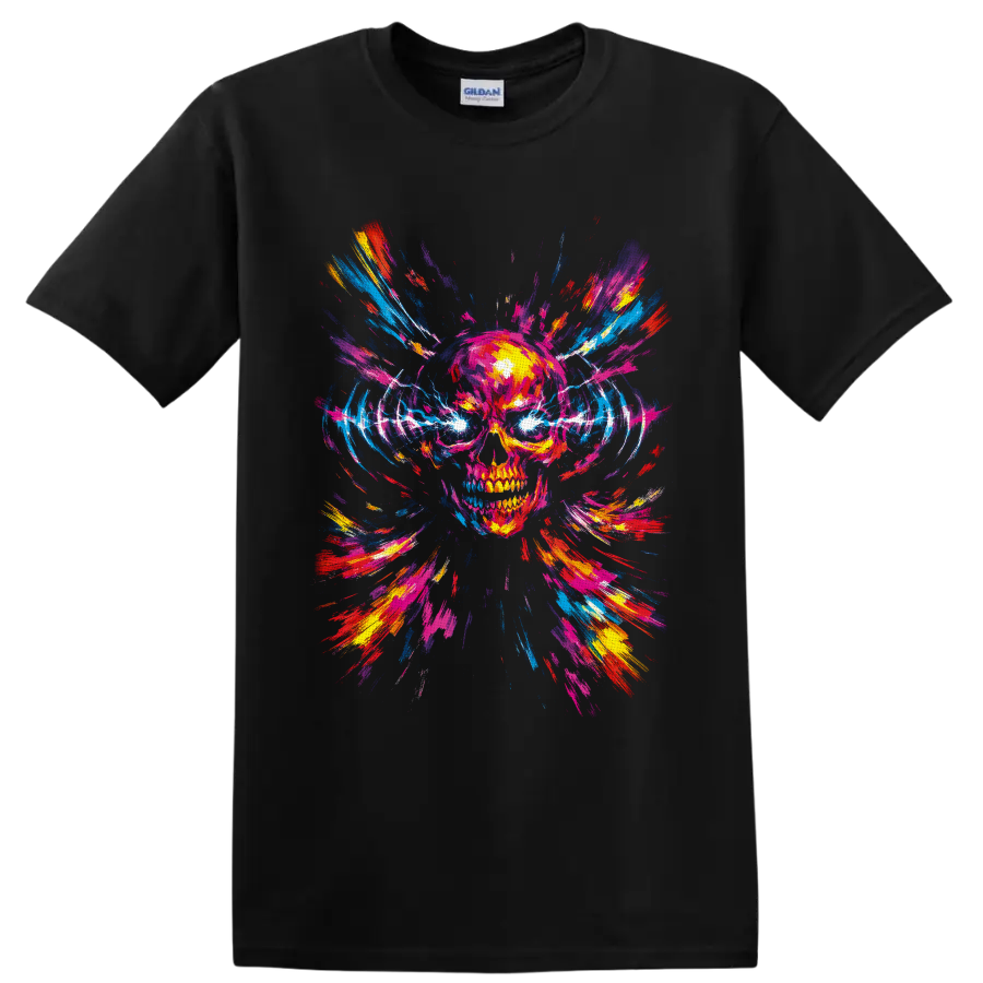 Neon paint splash skull with electric eyes and radiating abstract brush strokes on a Black T Shirt
