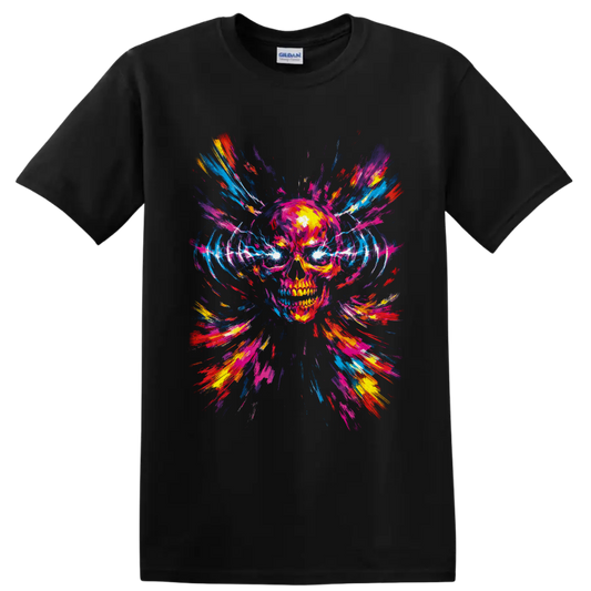 Neon paint splash skull with electric eyes and radiating abstract brush strokes on a Black T Shirt