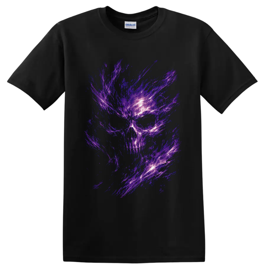 Abstract purple energy skull with glowing violet streaks in gothic horror style on a Black T Shirt