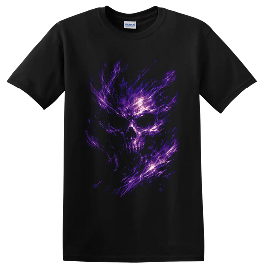 Abstract purple energy skull with glowing violet streaks in gothic horror style on a Black T Shirt