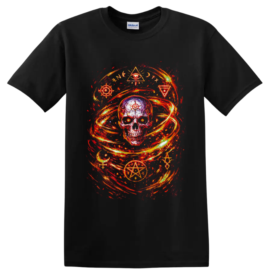 Distressed occult skull with pentagram, crescent moons, symbols, and fiery swirling on a Black T Shirt