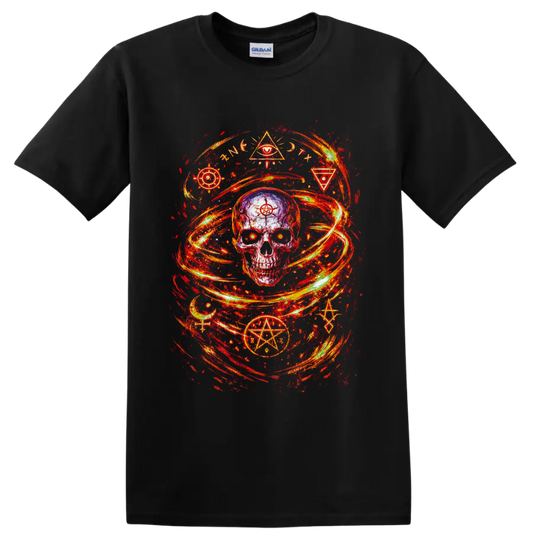Distressed occult skull with pentagram, crescent moons, symbols, and fiery swirling on a Black T Shirt