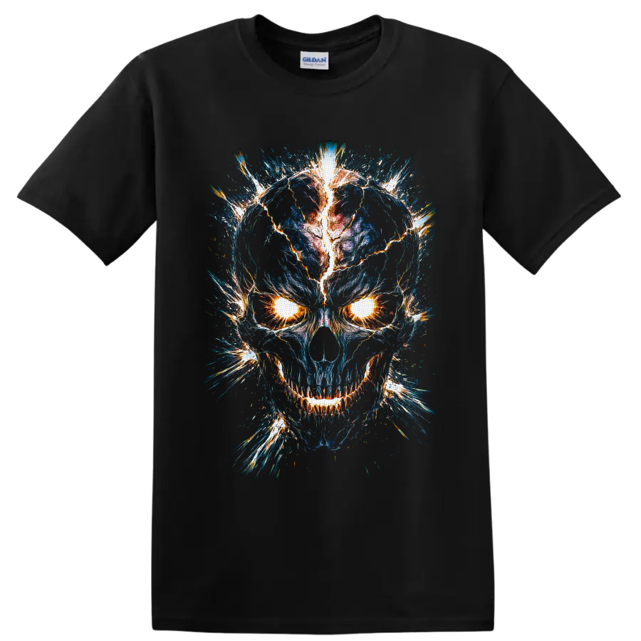 Electric blue skull graphic with blazing eyes, cracked lightning, and fiery sparks on a Black T Shirt