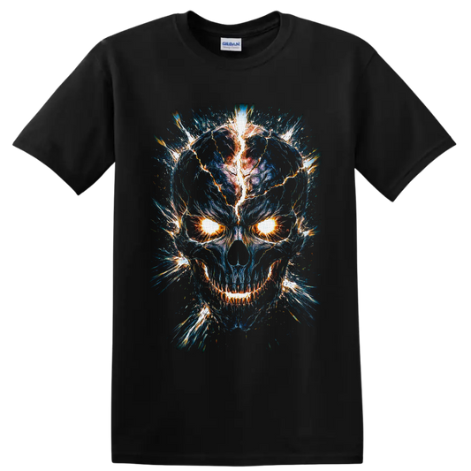 Electric blue skull graphic with blazing eyes, cracked lightning, and fiery sparks on a Black T Shirt