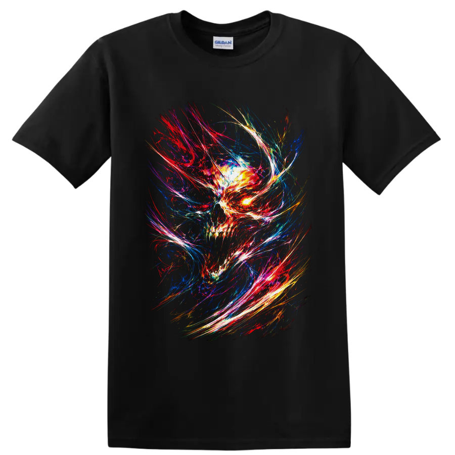 Abstract neon skull with glowing eye and psychedelic multicolor light trails on a Black T Shirt