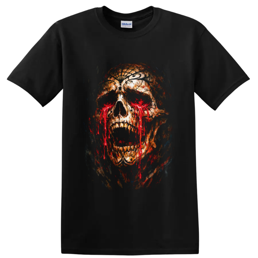 Distressed bleeding skull illustration with cracked textures, hollow eyes, and red drips on a Black T Shirt