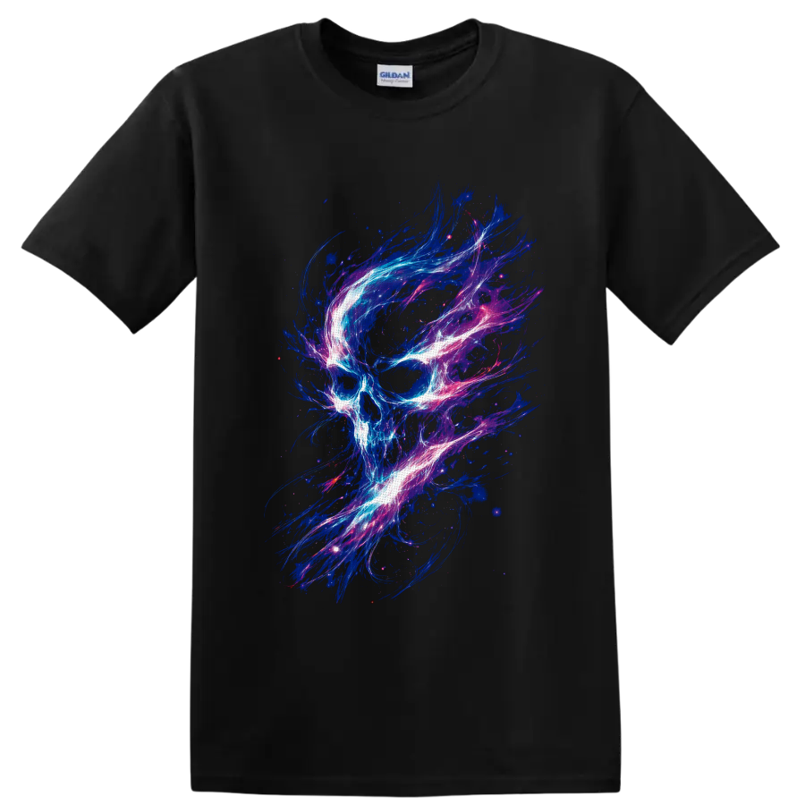 Neon cosmic skull illustration with swirling blue, pink, purple, and white energy on a Black T Shirt