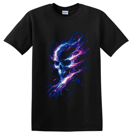 Neon cosmic skull illustration with swirling blue, pink, purple, and white energy on a Black T Shirt