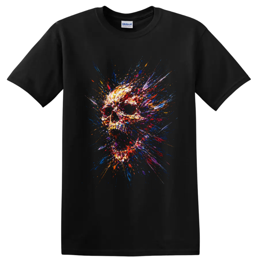 Abstract skull illustration with explosive colorful paint strokes and splatters on a Black T Shirt