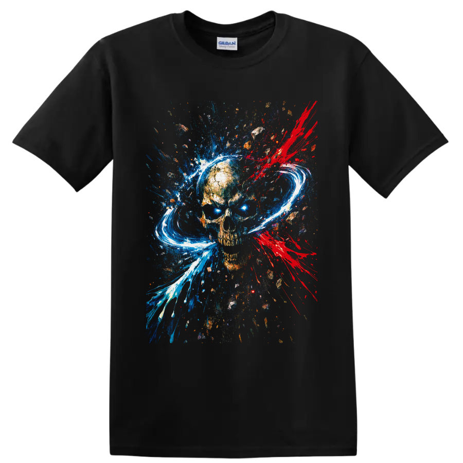 Abstract weathered skull with blue paint splashes, red splatters, and white brushstroke on a Black T Shirt