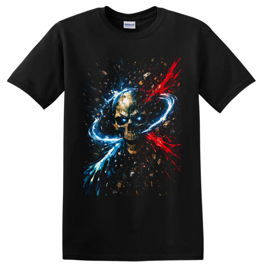 Abstract weathered skull with blue paint splashes, red splatters, and white brushstroke on a Black T Shirt