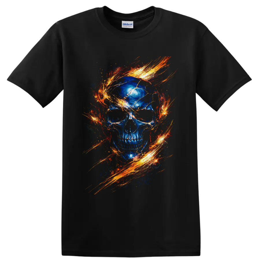 Blue cracked skull with swirling fiery orange gothic flame artwork on a Black T Shirt