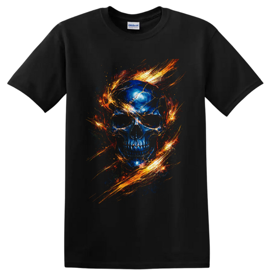 Blue cracked skull with swirling fiery orange gothic flame artwork on a Black T Shirt