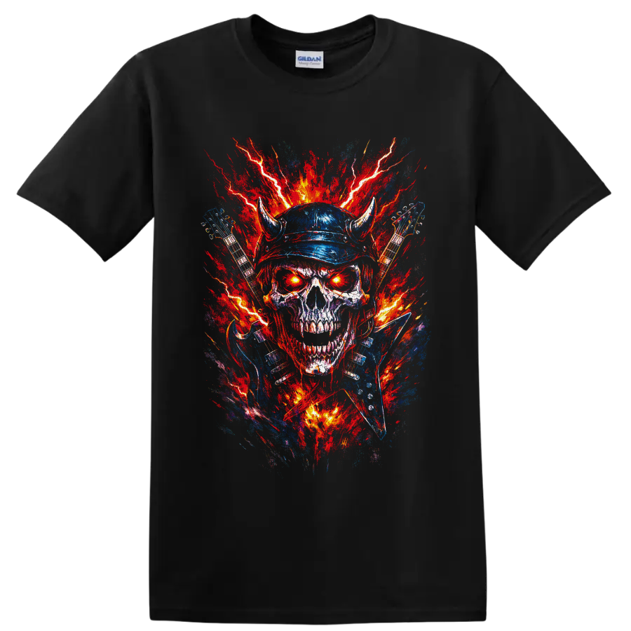Horned skull with electric guitars, lightning, and fiery heavy metal splatter art on a Black T Shirt
