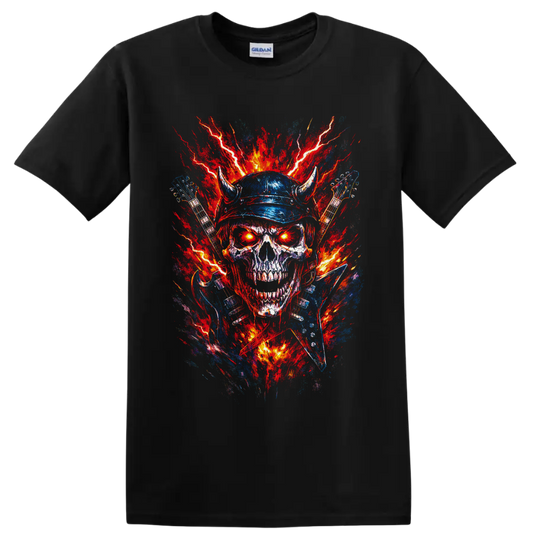 Horned skull with electric guitars, lightning, and fiery heavy metal splatter art on a Black T Shirt