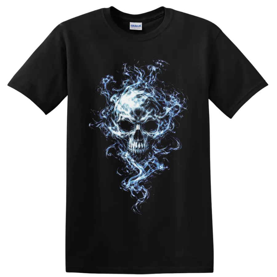 Luminous skull surrounded by swirling blue, white, and violet spectral flames on a Black T Shirt