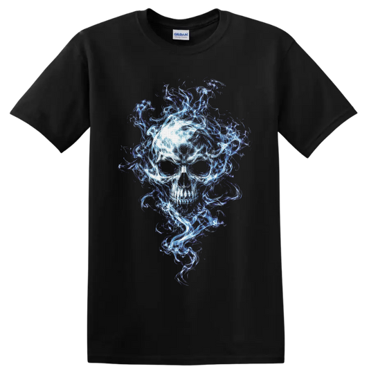 Luminous skull surrounded by swirling blue, white, and violet spectral flames on a Black T Shirt