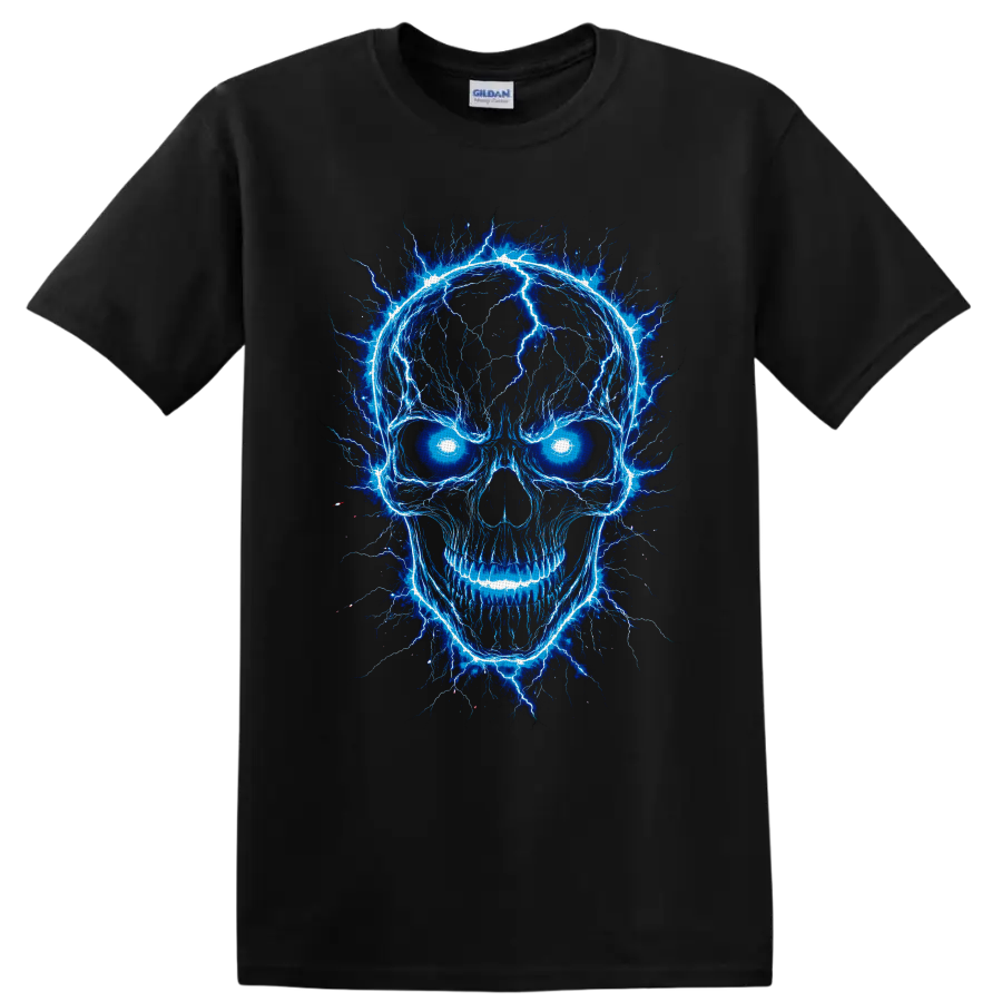 Electric blue lightning skull graphic with glowing eyes and gothic horror linework on a Black T Shirt