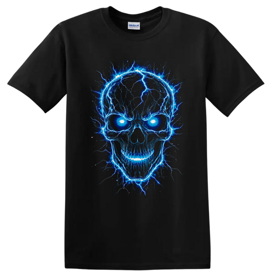 Electric blue lightning skull graphic with glowing eyes and gothic horror linework on a Black T Shirt