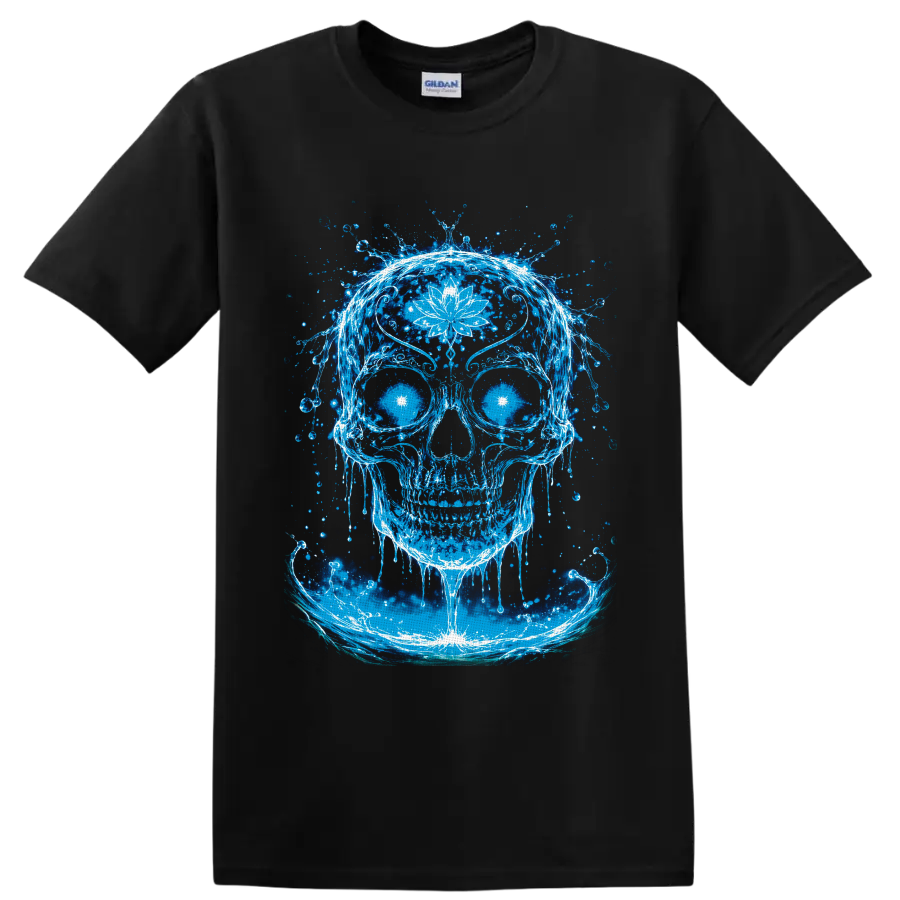 Glowing blue water skull with white lotus flower, radiant eyes, and splash art waves on a Black T Shirt