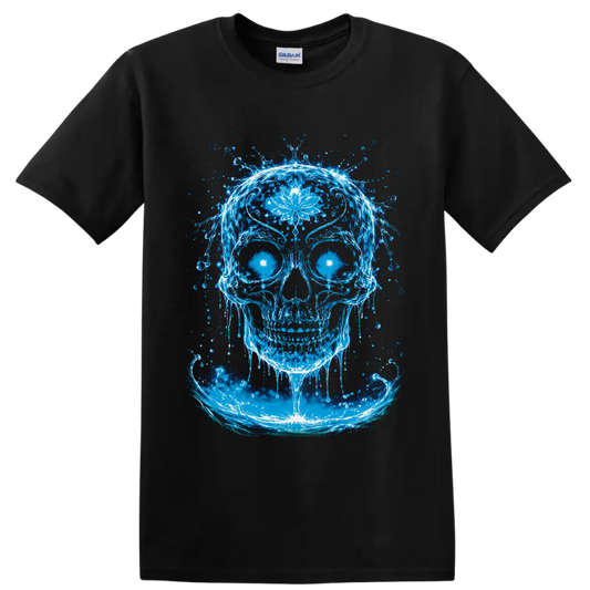 Glowing blue water skull with white lotus flower, radiant eyes, and splash art waves on a Black T Shirt