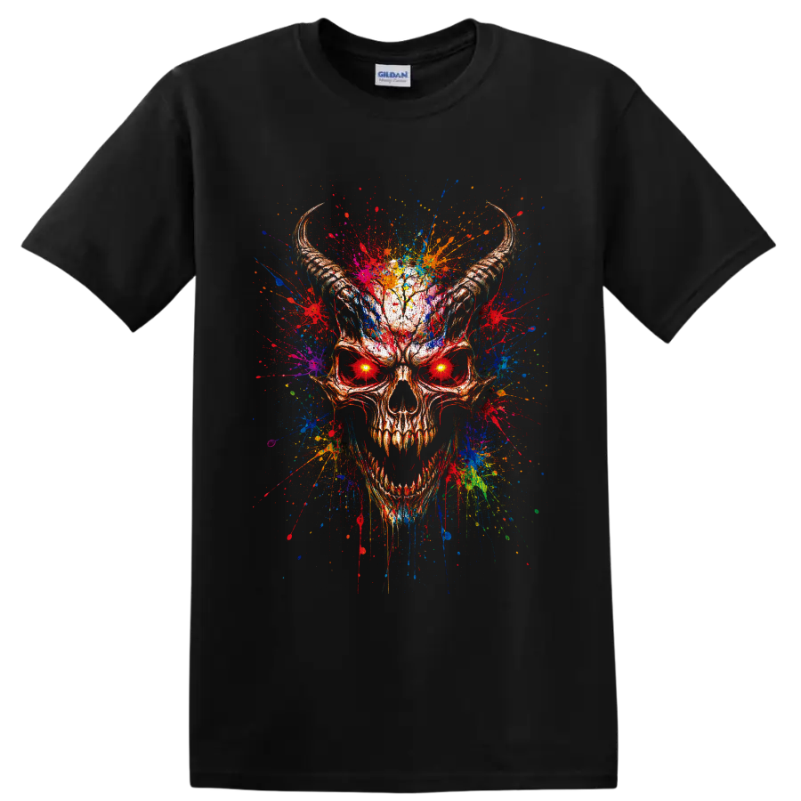 Horned skull with glowing red eyes and vivid multicolor paint splatter artwork on a Black T Shirt