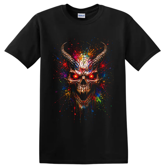 Horned skull with glowing red eyes and vivid multicolor paint splatter artwork on a Black T Shirt