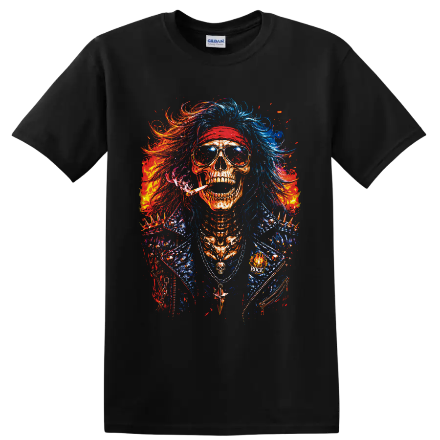 Colorful punk rock skull in sunglasses, red headband, wild hair, and spiked jacket on a Black T Shirt