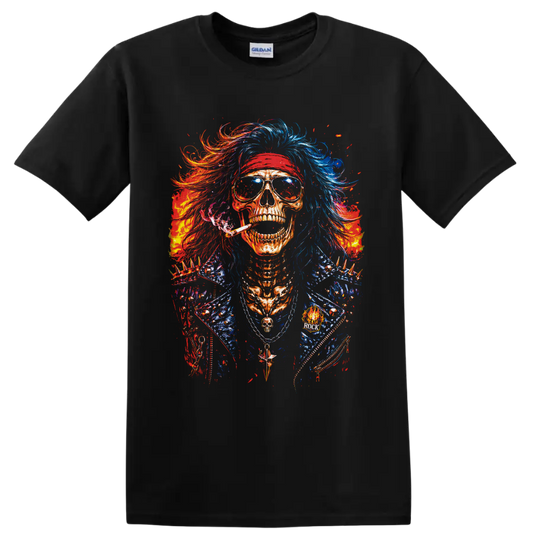 Colorful punk rock skull in sunglasses, red headband, wild hair, and spiked jacket on a Black T Shirt