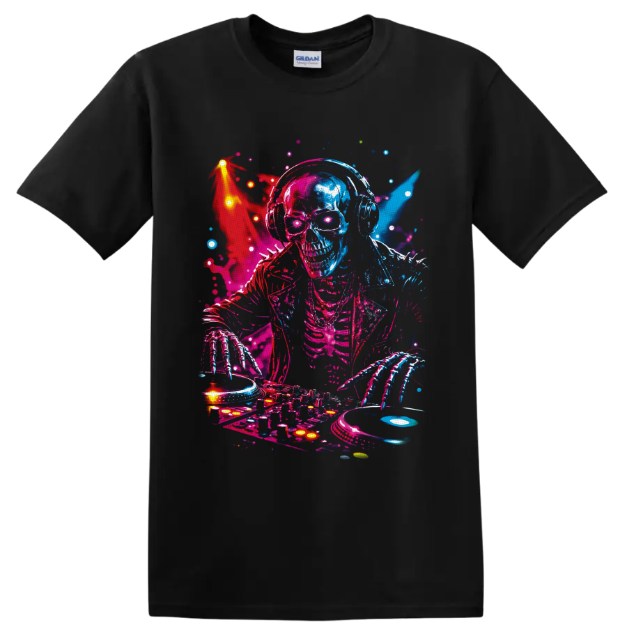 Neon skeleton DJ in headphones mixing turntables and vinyl in a vivid rave art style on a Black T Shirt