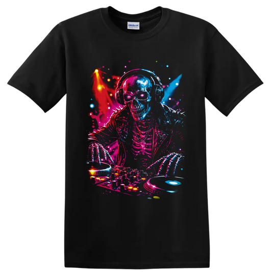 Neon skeleton DJ in headphones mixing turntables and vinyl in a vivid rave art style on a Black T Shirt