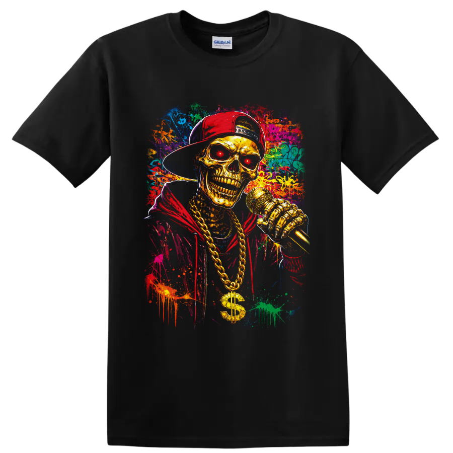 Gold skeleton rapper with microphone, chain, red cap, and colorful graffiti splatter art on a Black T Shirt
