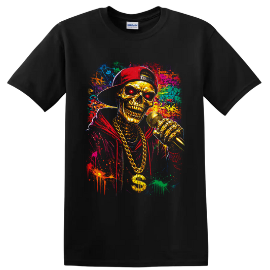 Gold skeleton rapper with microphone, chain, red cap, and colorful graffiti splatter art on a Black T Shirt