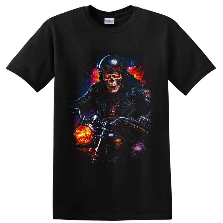 Fiery skull biker on a motorcycle with flames in vivid gothic horror art on a Black T Shirt