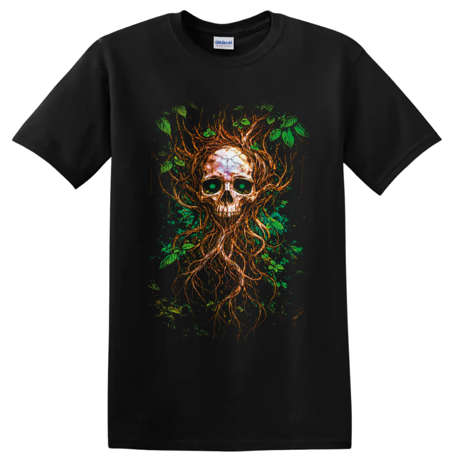 Gothic tree skull illustration with twisting roots, branches, and green leaves on a Black T Shirt