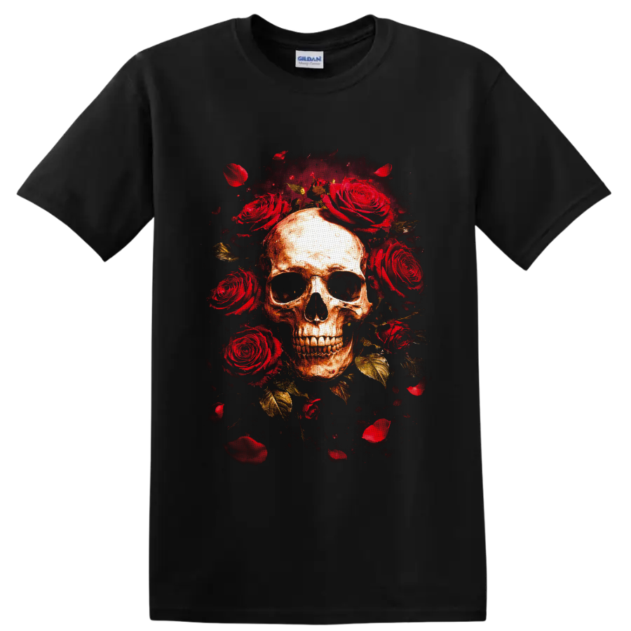Weathered skull surrounded by red roses, petals, and gold leaves in gothic horror art on a Black T Shirt