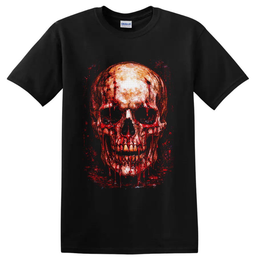 Bloody dripping skull in distressed red gothic grunge paint on a Black T Shirt