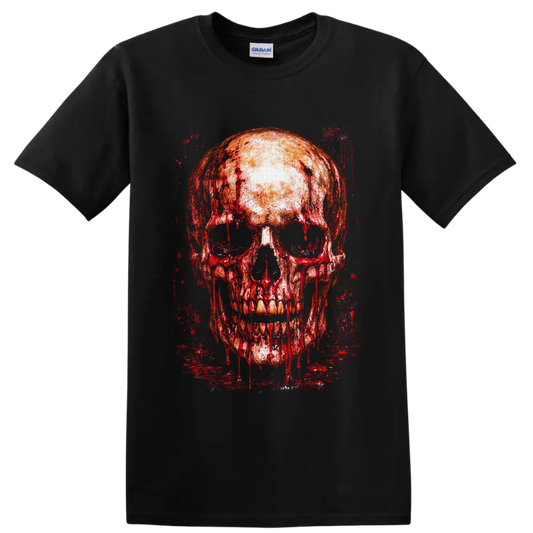 Bloody dripping skull in distressed red gothic grunge paint on a Black T Shirt