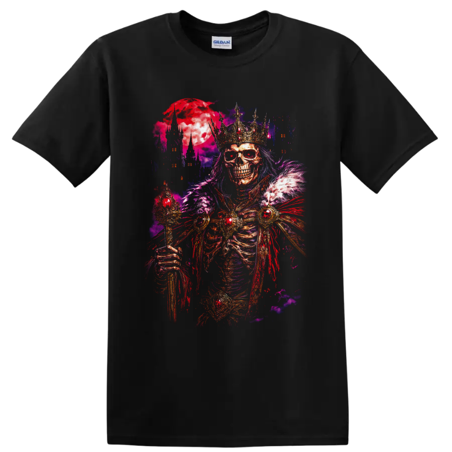Crowned skeleton king with jeweled armor, crimson moon, and gothic castle spires on a Black T Shirt