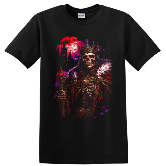 Crowned skeleton king with jeweled armor, crimson moon, and gothic castle spires on a Black T Shirt