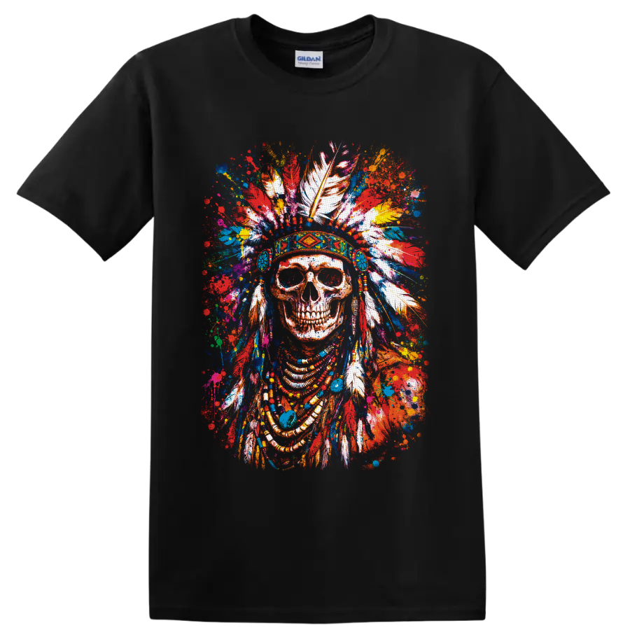 Color-splash skull portrait with patterned feather headdress, beads, and paint splatters on a Black T Shirt