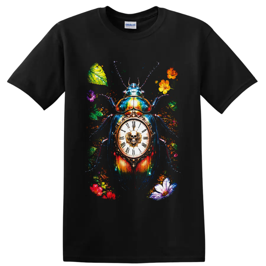 Colorful scarab beetle with skull clock, Roman numerals, flowers, and leaves on a Black T Shirt