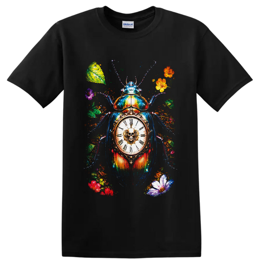 Colorful scarab beetle with skull clock, Roman numerals, flowers, and leaves on a Black T Shirt