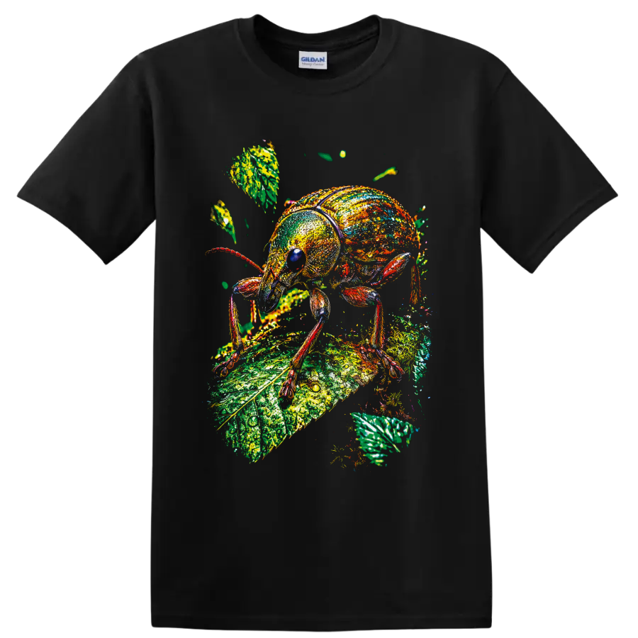 Colorful painterly weevil beetle standing on a textured green botanical leaf on a Black T Shirt