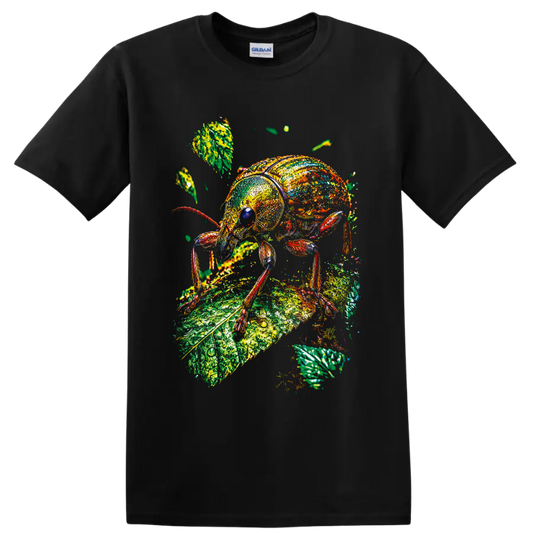 Colorful painterly weevil beetle standing on a textured green botanical leaf on a Black T Shirt