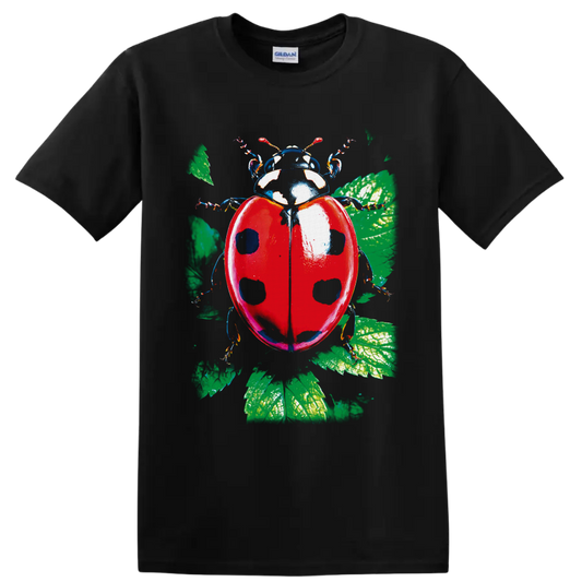 Detailed red ladybug with black spots and green botanical leaves illustration on a Black T Shirt