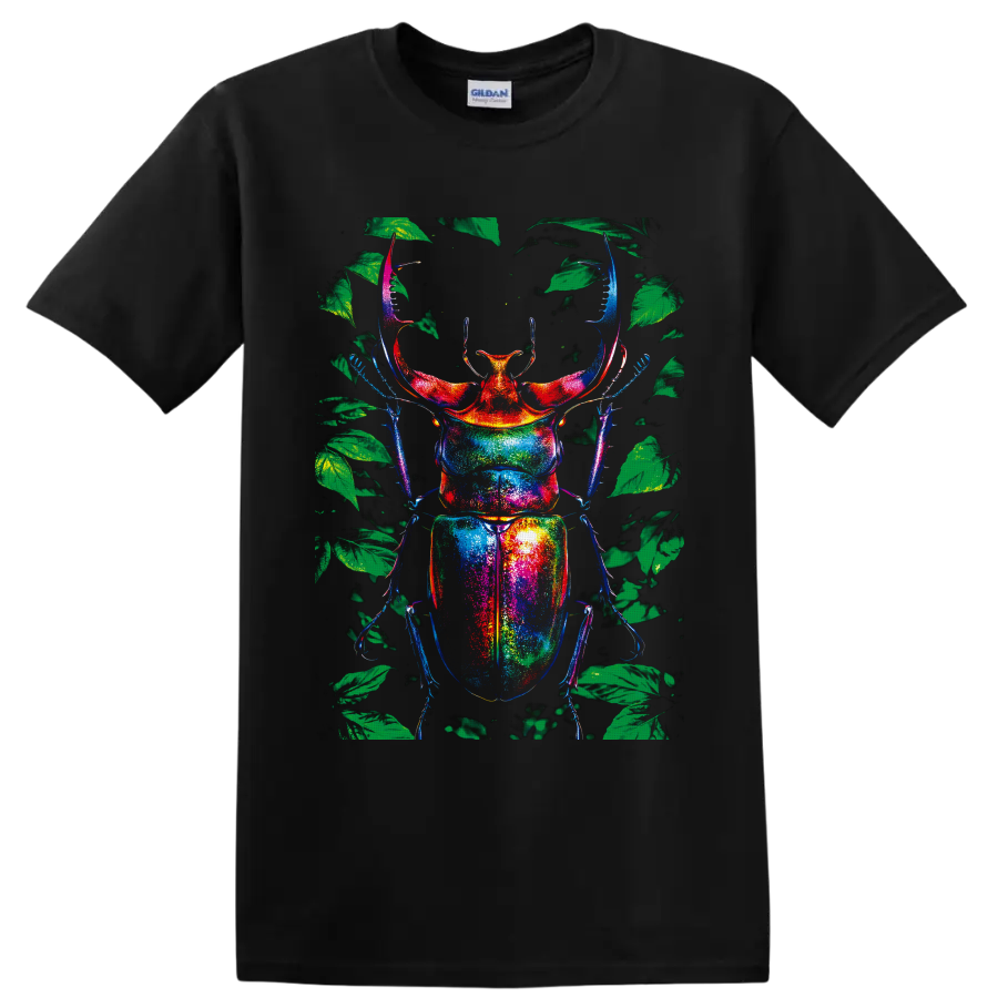 Rainbow stag beetle illustration with green forest leaves in neon-style colors on a Black T Shirt